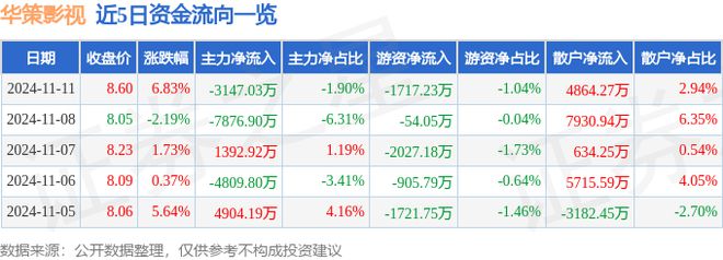 华策影视（300133）11月11日主力资金净卖出314703万元