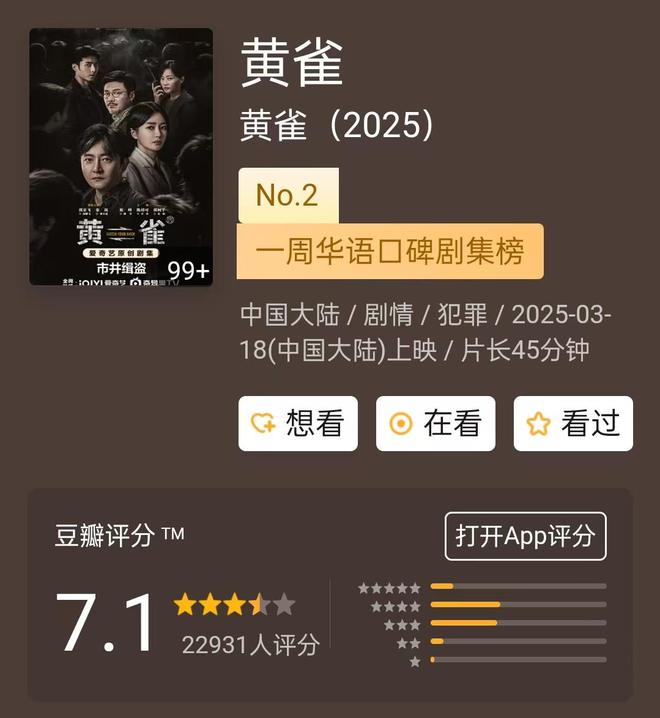 九游娱乐文化：热播剧评分：《滤镜》73《黄雀》71《棋士5